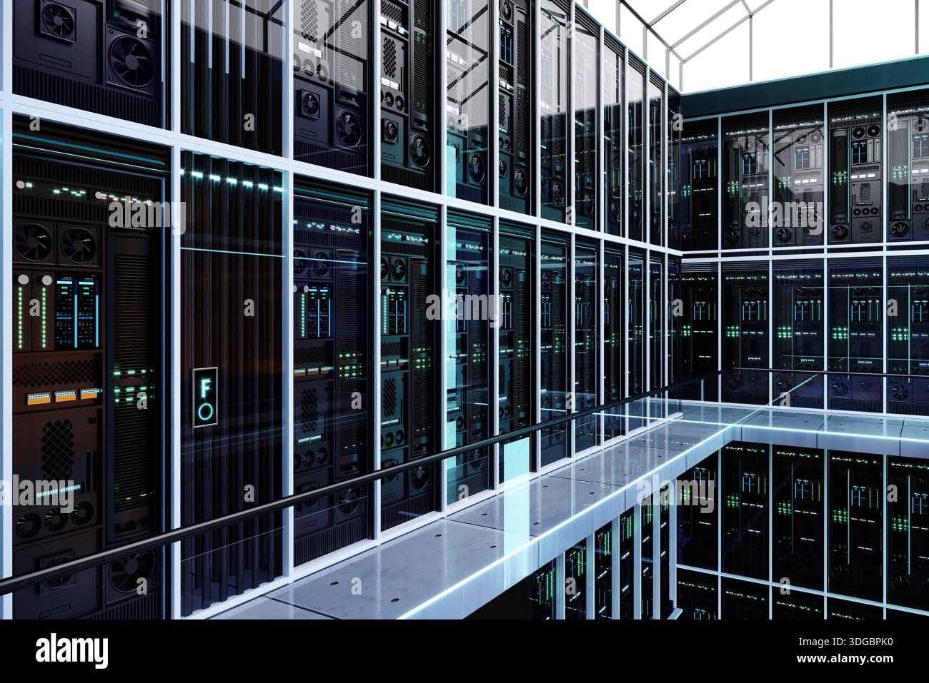 Futuristic Data Center Interior with Modern Server Racks Stock Photo