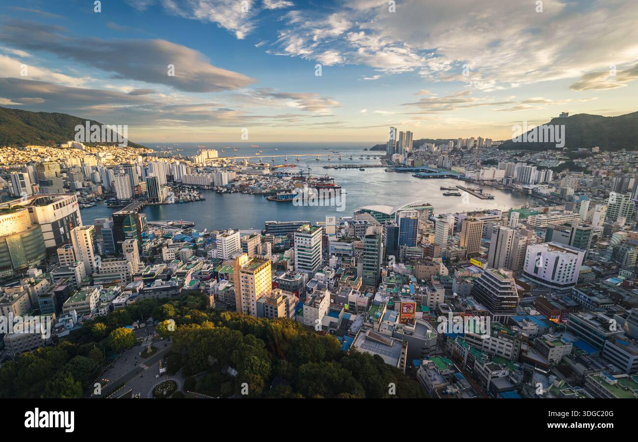 View of Busan at dusk from Busan Tower, South Korea Stock Photo