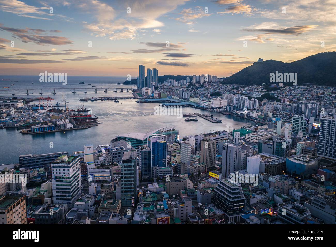 View of Busan at dusk from Busan Tower, South Korea Stock Photo