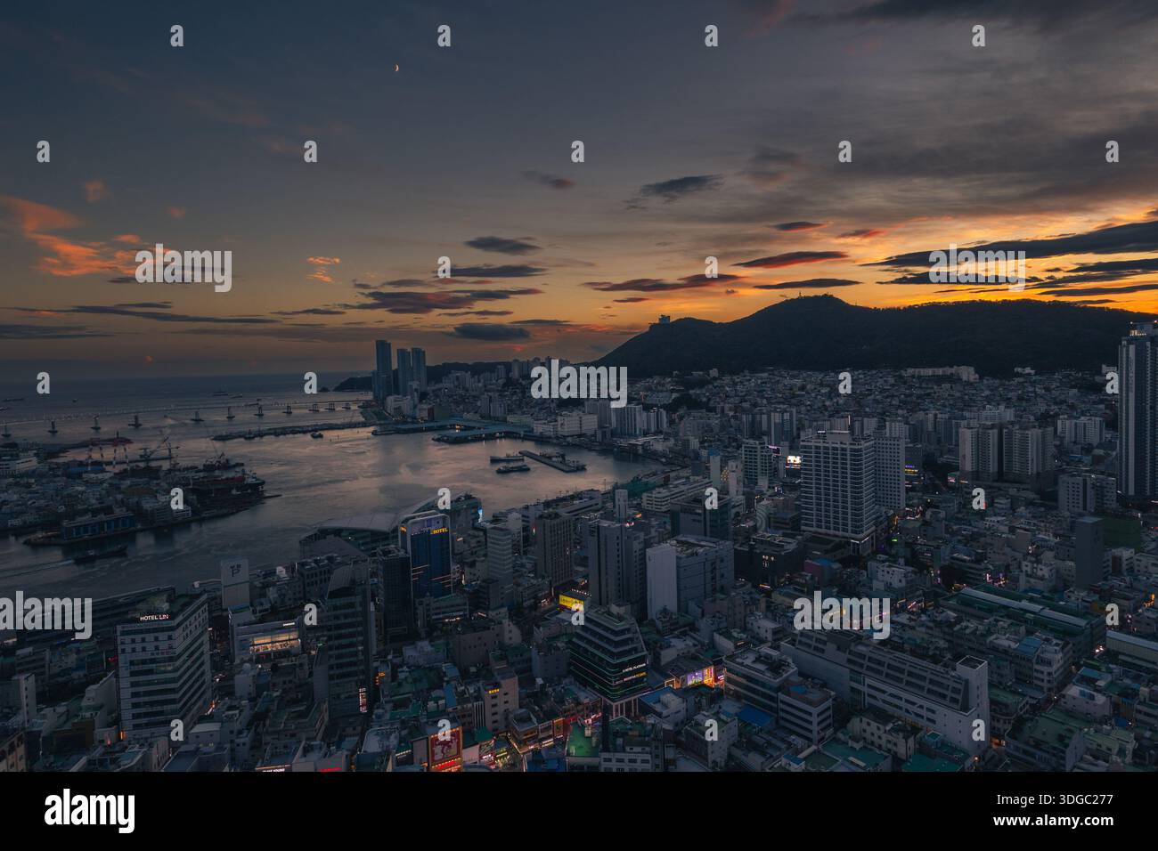 View of Busan at dusk from Busan Tower, South Korea Stock Photo