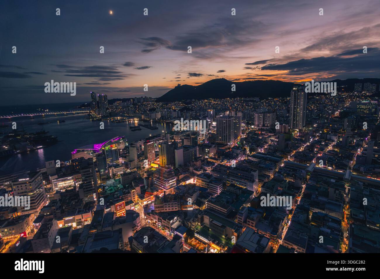 View of Busan at dusk from Busan Tower, South Korea Stock Photo