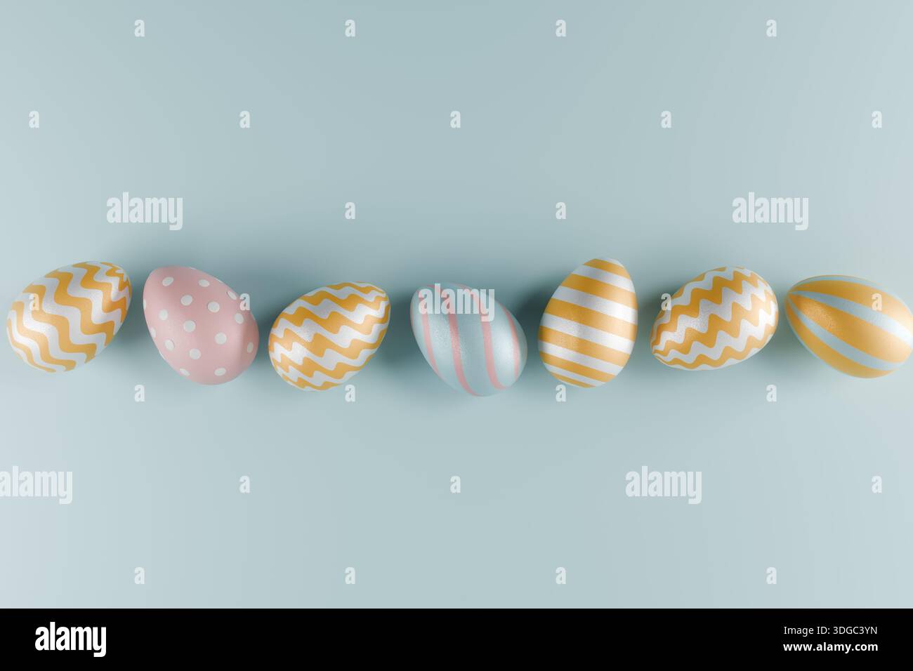 Seven decorated Easter eggs with gold, pink, and blue patterns arranged in a row on light blue surface. 3d rendering Stock Photo