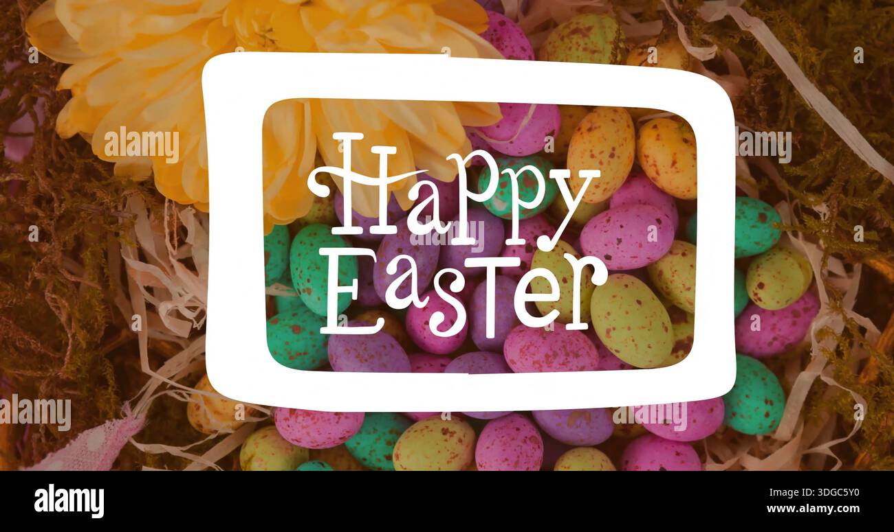 Image of happy easter text over colourful easter eggs Stock Photo