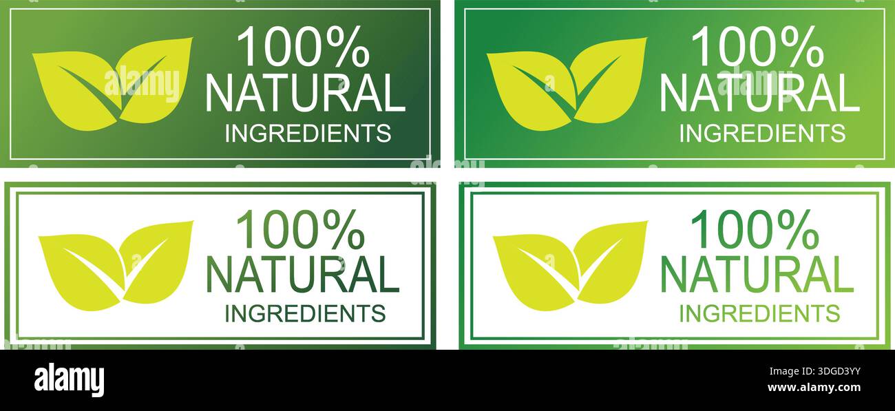 100 Percent Natural Ingredients Rectangular Labels with Leaf Icon Stock Vector
