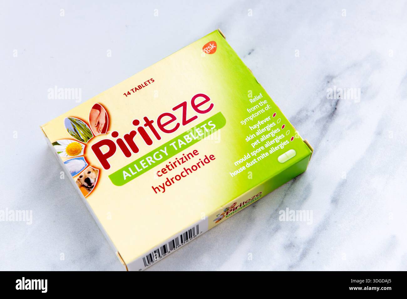 London. UK- January 14.2026. A close up of a package of Piriteze Allergy Tablets isolated on a white marble background. Stock Photo