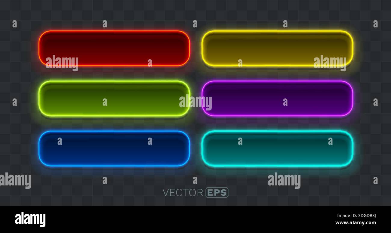 Colorful neon glowing button frames set, ideal for modern UI, gaming ...