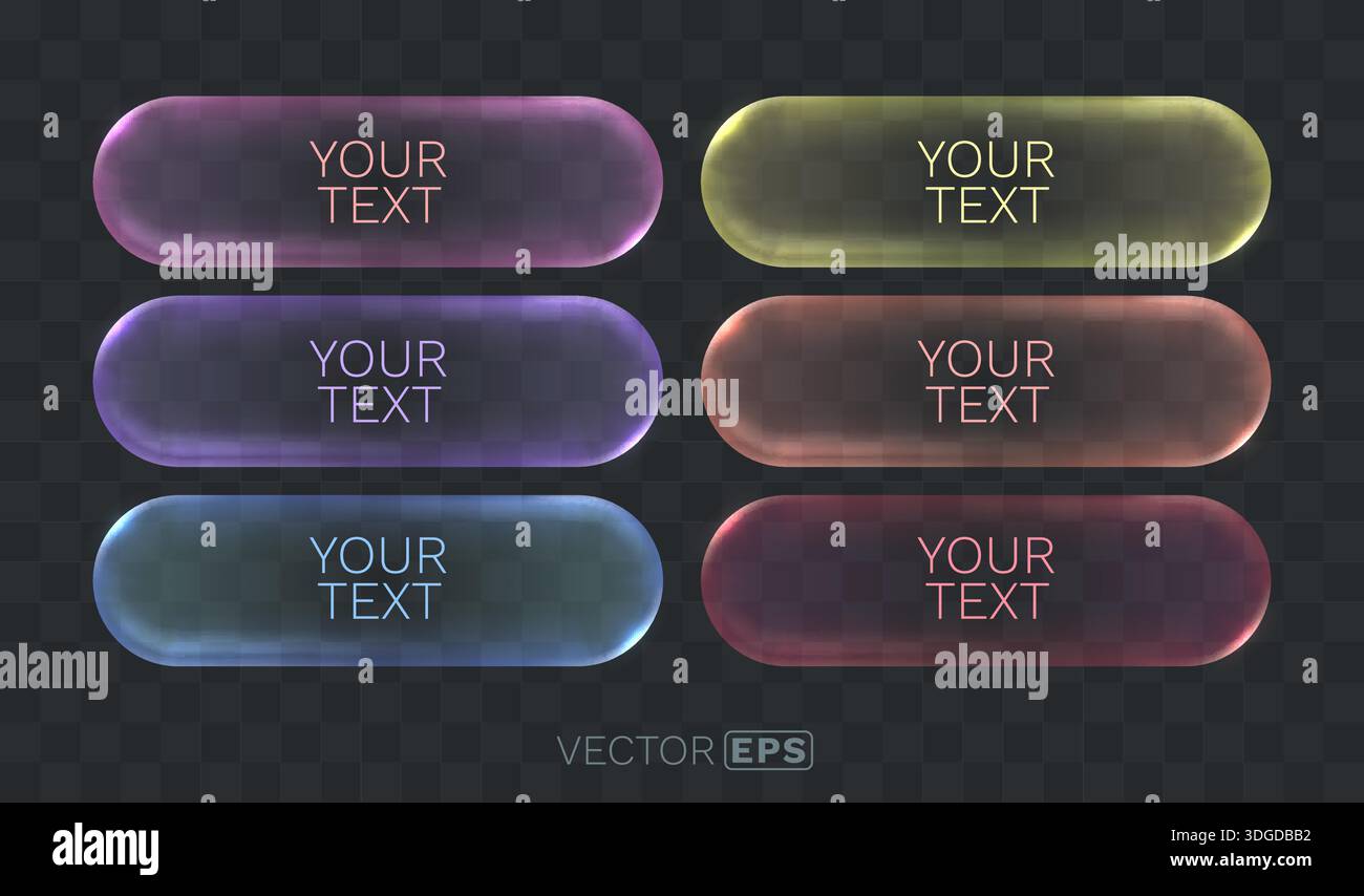 Modern Glass frame UI Buttons Set. A collection of colorful transparent elements for user interface design. Vector illustration Stock Vector