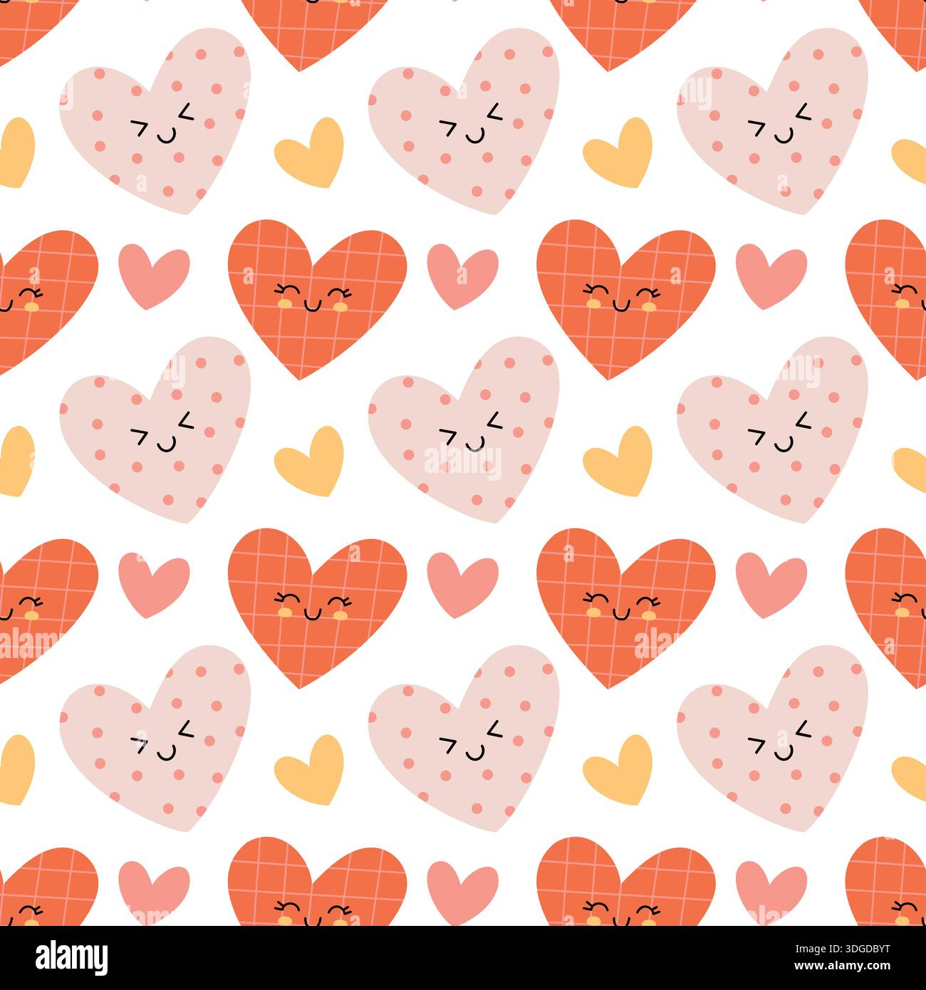 Cute Kawaii Heart Seamless Pattern with Smiling Faces Stock Vector