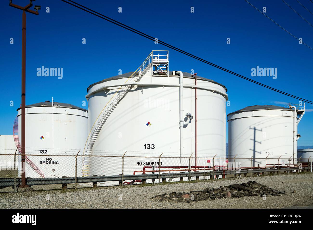 Tank California January 12, 2026, Colton, California, USA: Numbered above-ground ...