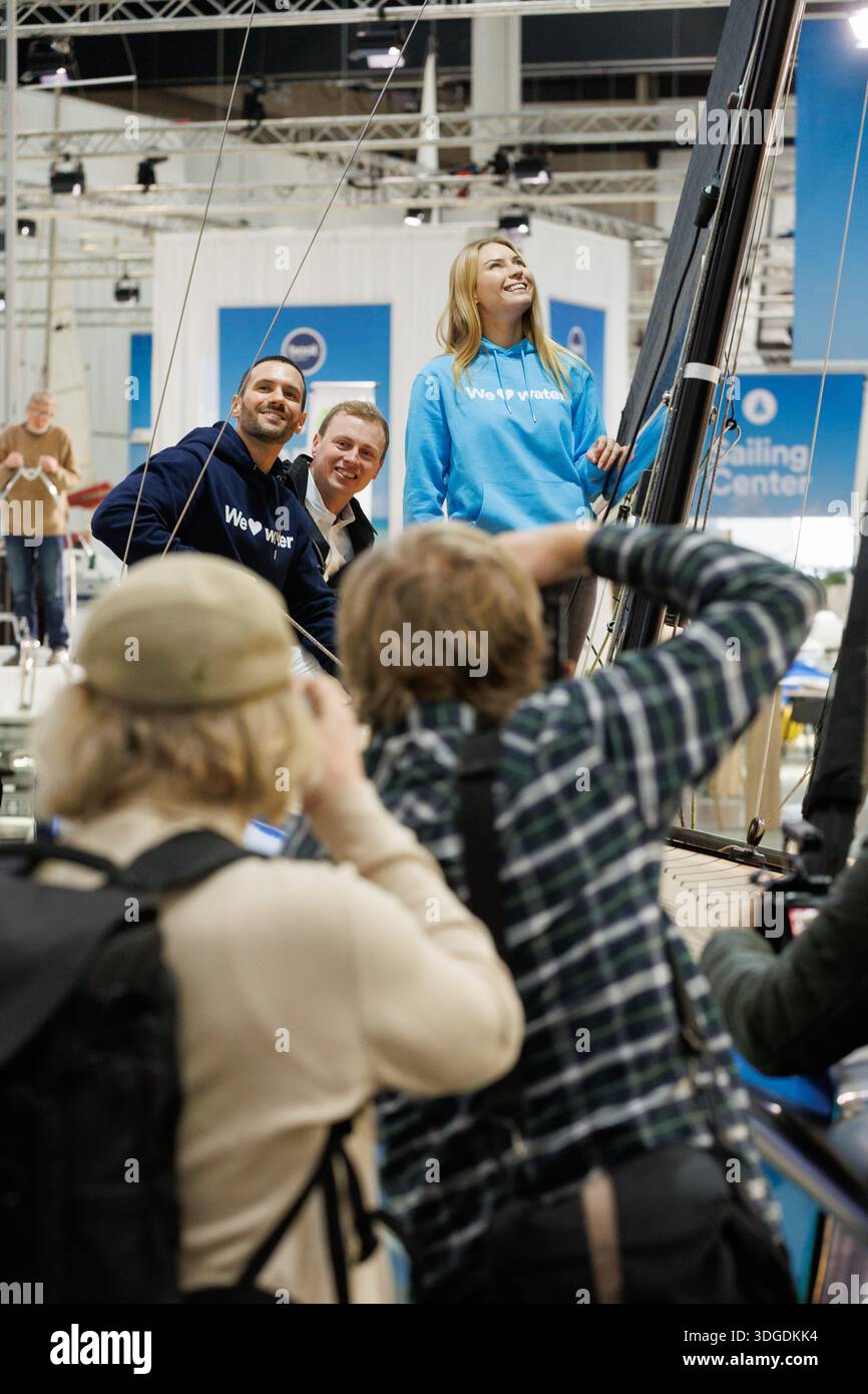 Jan Brugge from BootsBau GmbH speaks to journalists on board a WOY ...