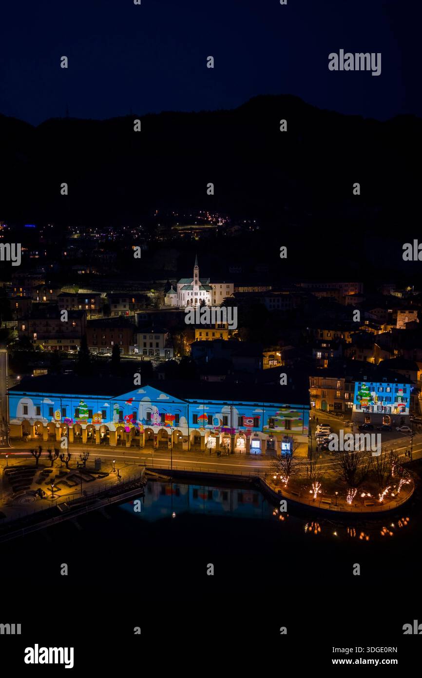 Aerial view of the Christmas show of lights called 'Il borgo della luce' during winter in Lovere. Lovere, Iseo lake, Bergamo province, Lombardy, Italy. Stock Photo