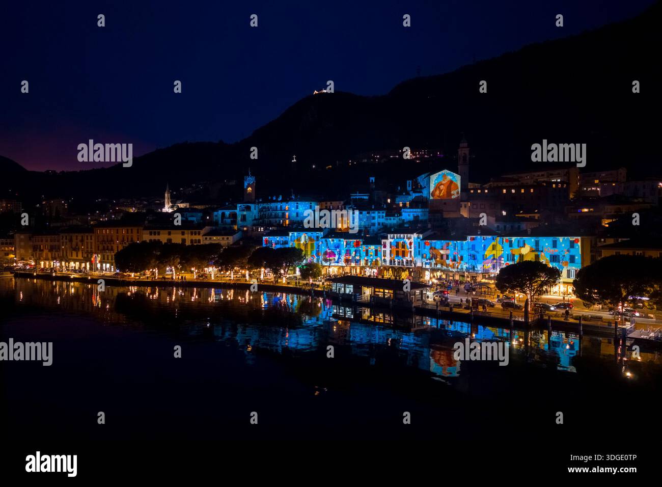 Aerial view of the Christmas show of lights called 'Il borgo della luce' during winter in Lovere. Lovere, Iseo lake, Bergamo province, Lombardy, Italy. Stock Photo
