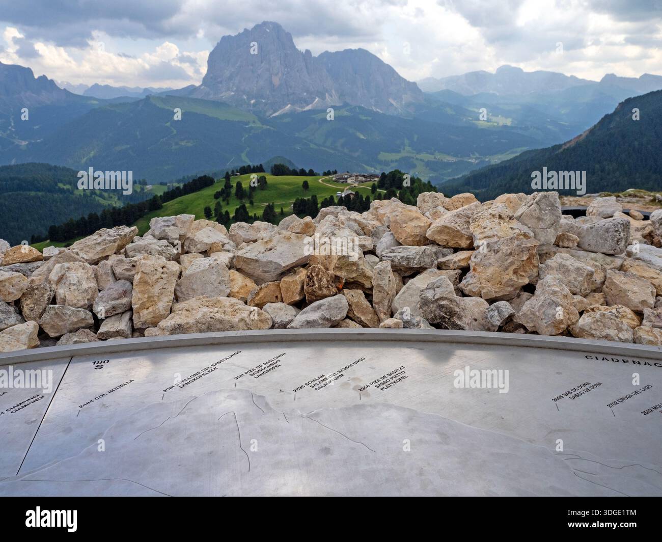 The UNESCO Mastlè Santa Cristina Panoramic Balcony above Val Gardena, looking to Sassolungo mountain Stock Photo