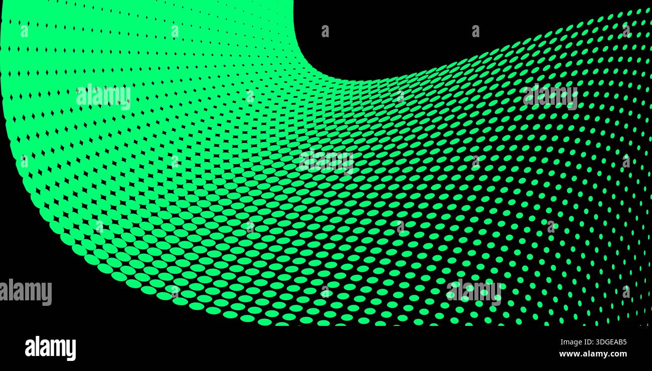 Abstract curved green halftone pattern on black background for digital tech and data design Stock Vector