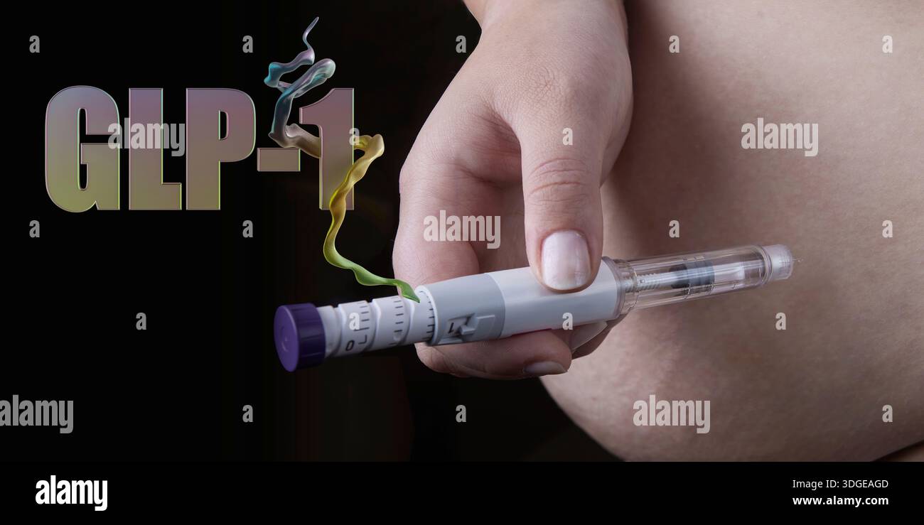analogue glp 1 injectable Composite image of a person injecting a pre-filled pen of a glucagon-like  peptide-1 (GLP-1) analogue medication used for diabetes management and  weight loss Stock Photo