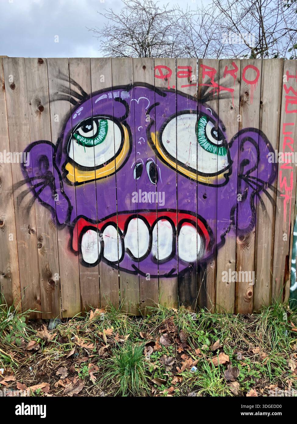 Colorful cartoon graffiti face on a wooden fence, with wide eyes and a toothy grin, bold black outlines, and vibrant street-art style. - Smartphone Captured Stock Image