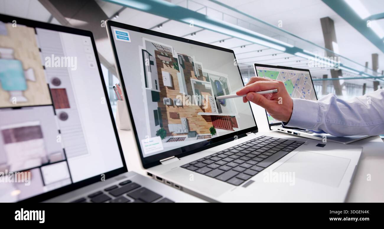 Innovative Architect Uses CAD Software To Design Virtual House Model. Stock Photo