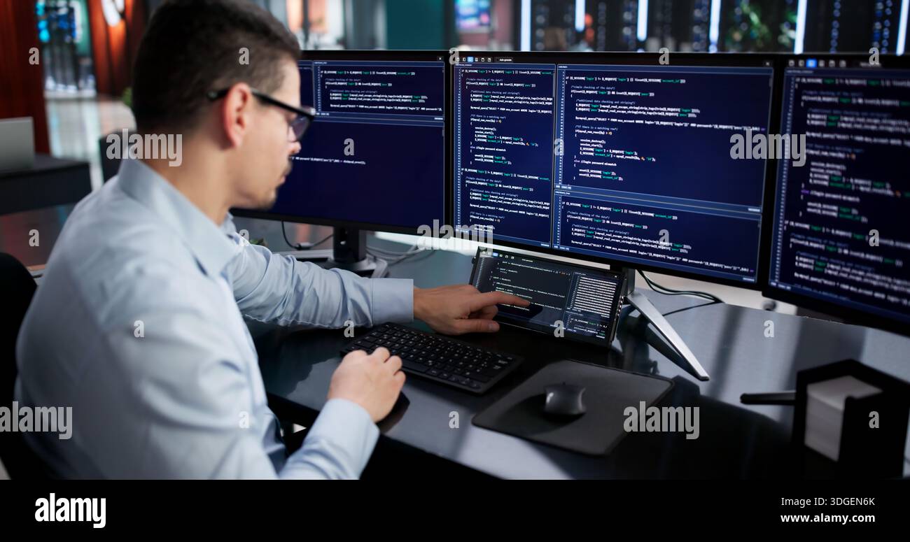 Hispanic Programmer Developing Data Analysis Software For Business On Computer. Stock Photo