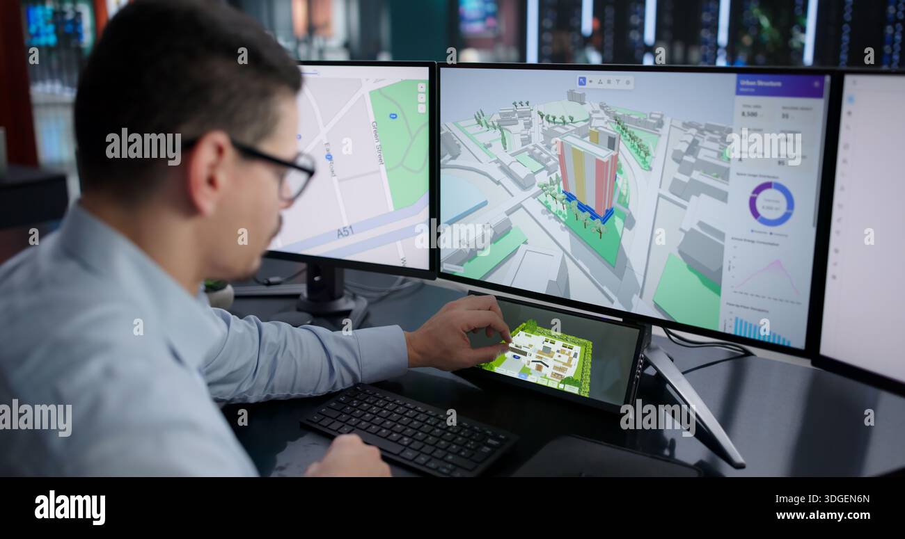 Young Hispanic Man Using Virtual 3D Design Software For House Remodel. Stock Photo
