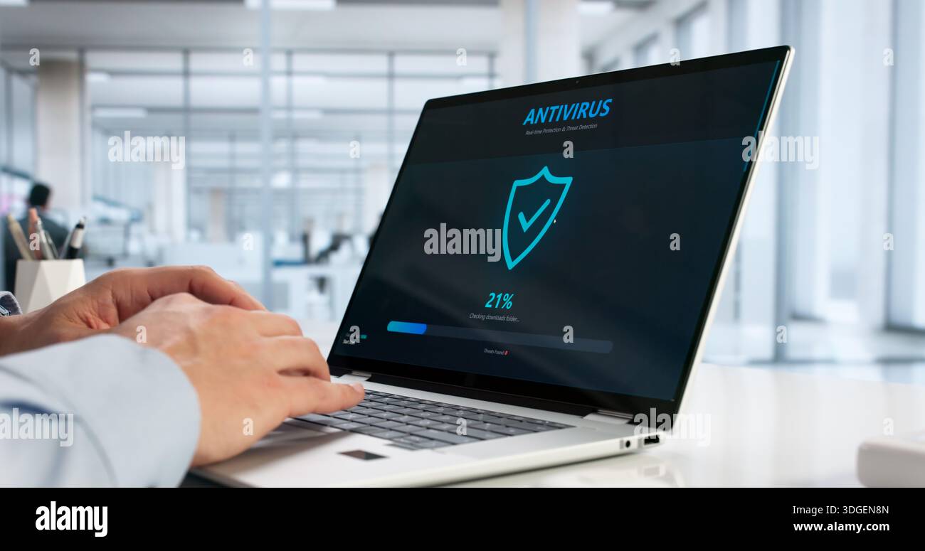 Young Hispanic Man Browsing Online With Secure Cybersecurity Software Protection. Stock Photo