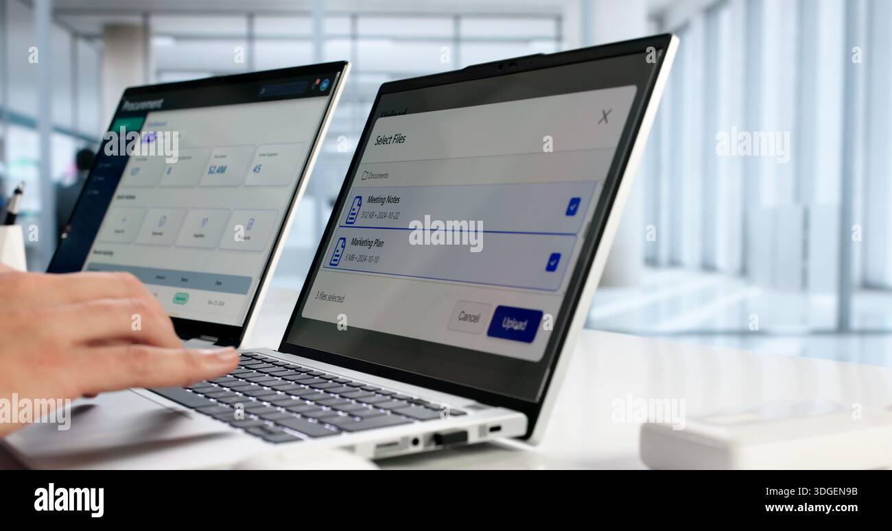 Hispanic Man Uploads Data To Secure Cloud Computing Archive. Stock Photo