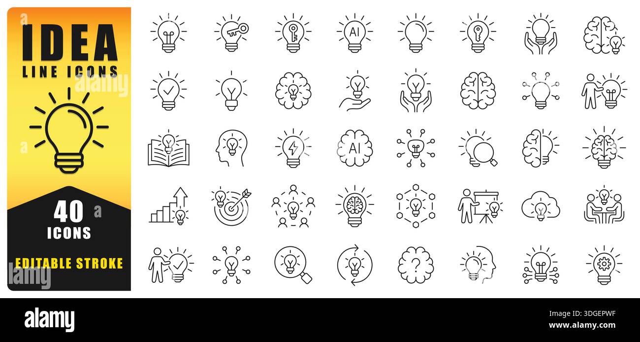 Creative Idea Line Icon Set With Editable Stroke Design Featuring Light Bulbs, Brainstorming, Innovation, Strategy, Artificial Intelligence, Vector Stock Vector