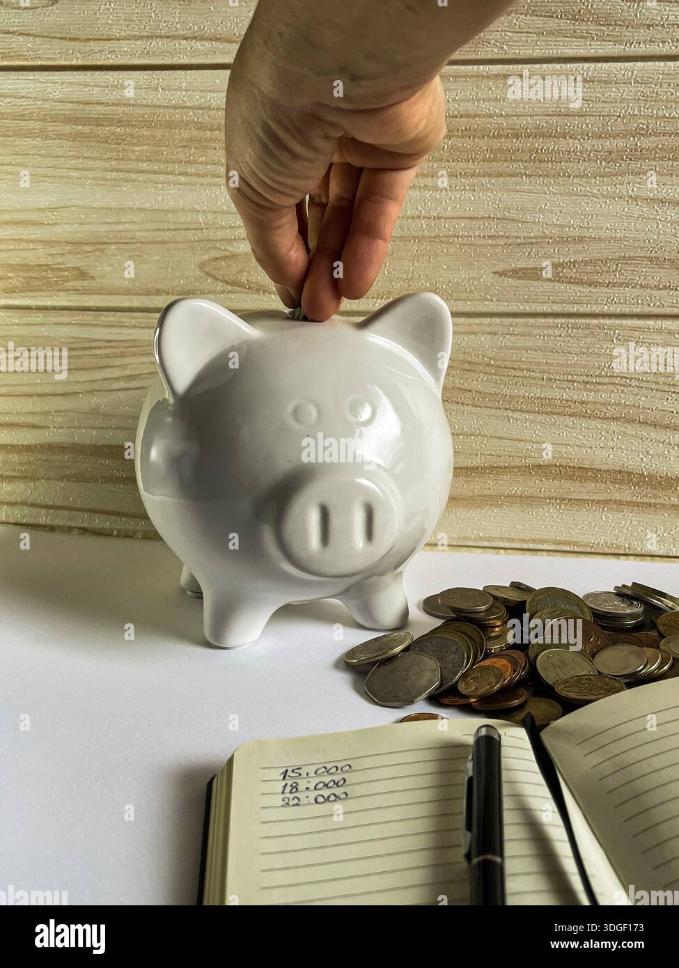 White piggy bank with coins , concept of saving, investment and financial planning. - Smartphone Captured Stock Image