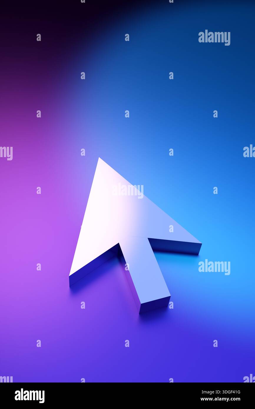 3d illustration of a metallic mouse arrow cursor pointing on a gradient ...