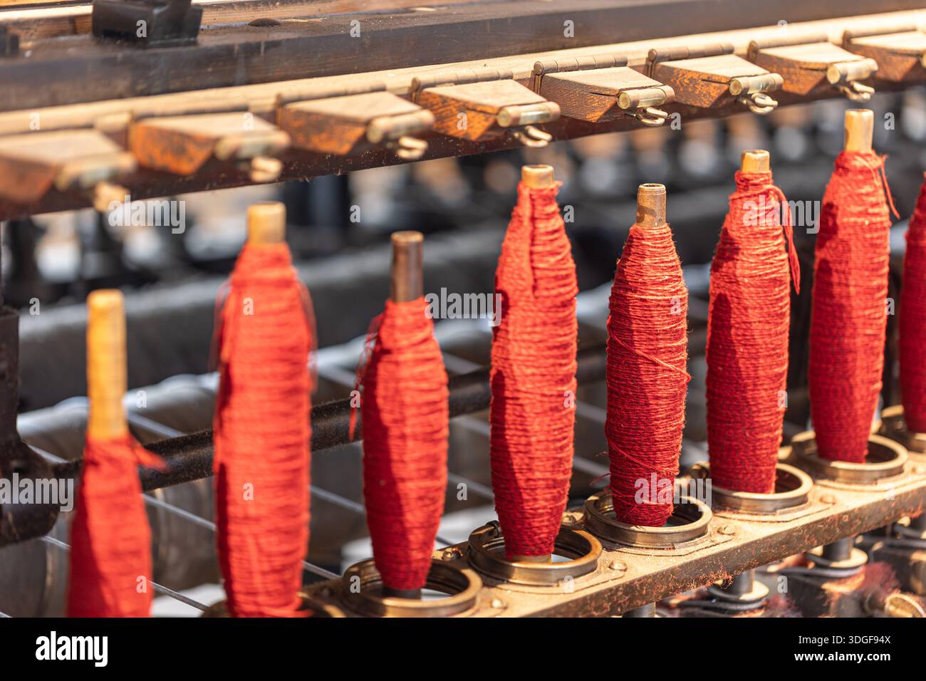 Thread Production Red yarn spools lining an old textile spinning machine, showing ...