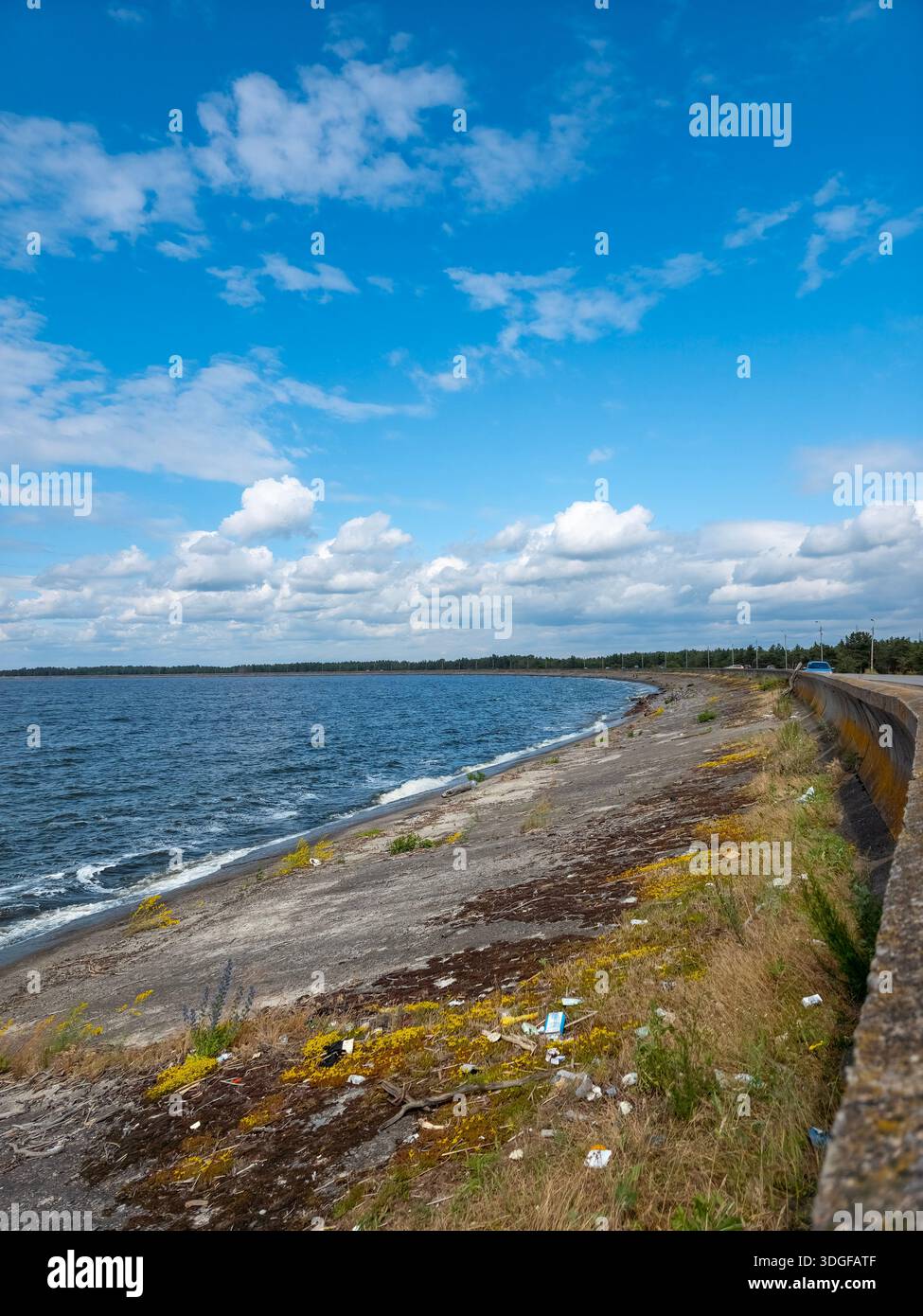 A large body of water with a wavy surface borders a sloped bank covered in grass and debris, with a road running along its upper edge, located on the - Smartphone Captured Stock Image