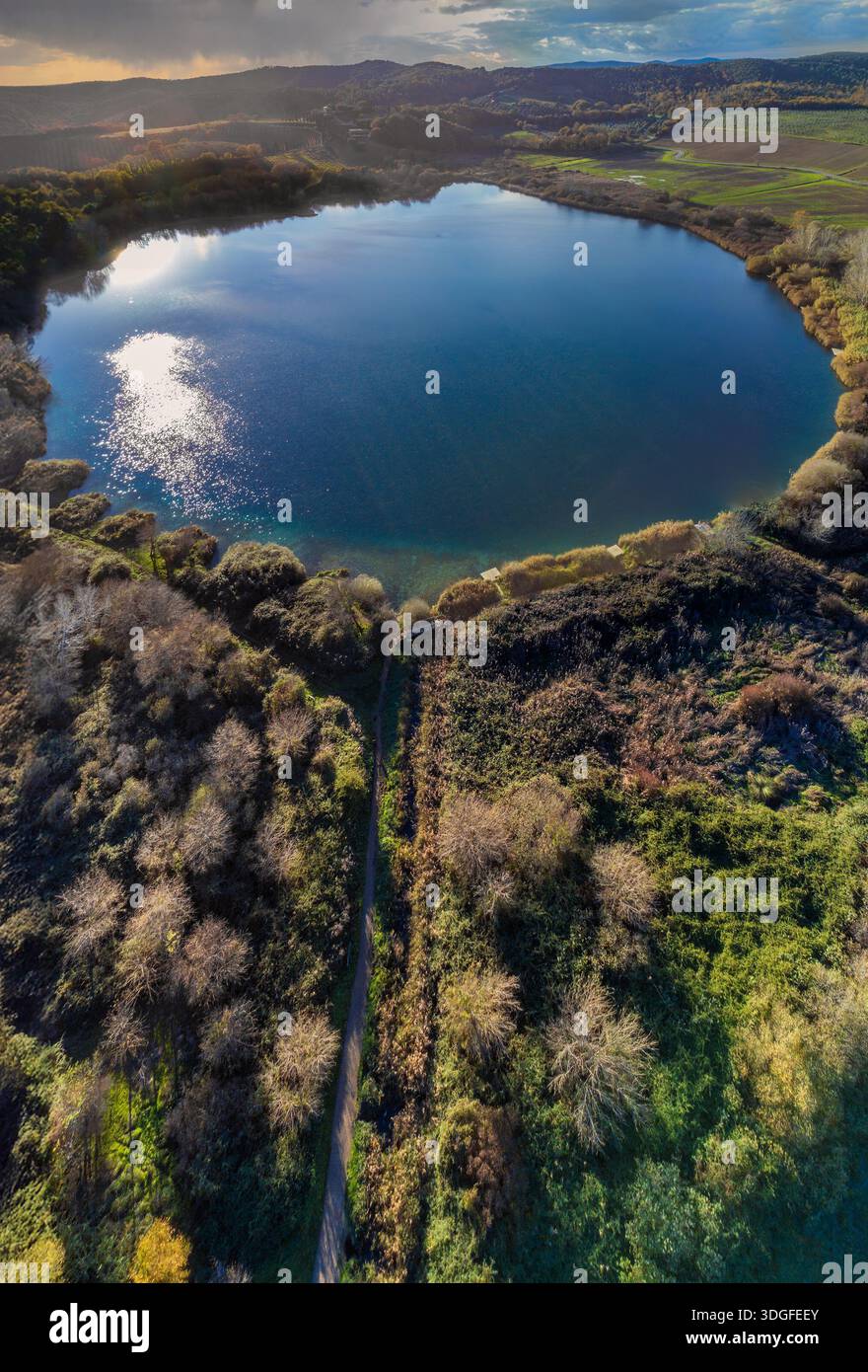 circle shape from above of the Accesa Lake nearby Massa Marittima's Metalliferous Hills Stock Photo