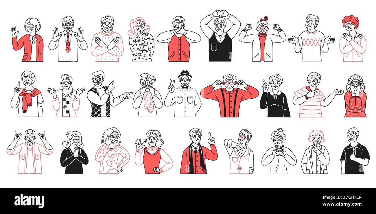 A collection of handdrawn characters expressing a range of emotions ...