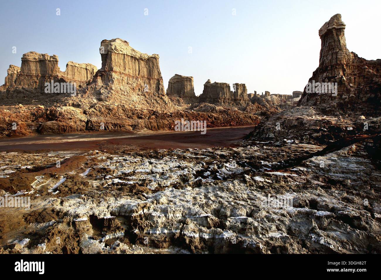Impressive rocks and salt formations in the Dallol desert form a deep ...