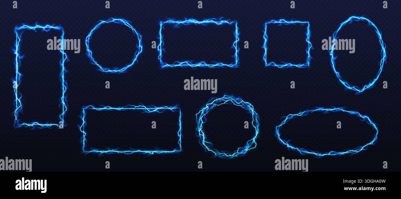 Digital image featuring various glowing blue electric frames. Luminescent geometric shapes are set against a dark background. Ideal for tech or scifi Stock Vector