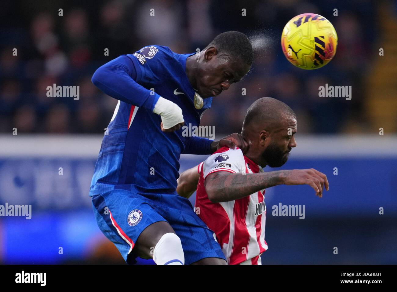 Trevoh Chalobah of Chelsea wins header during the Premier League match ...