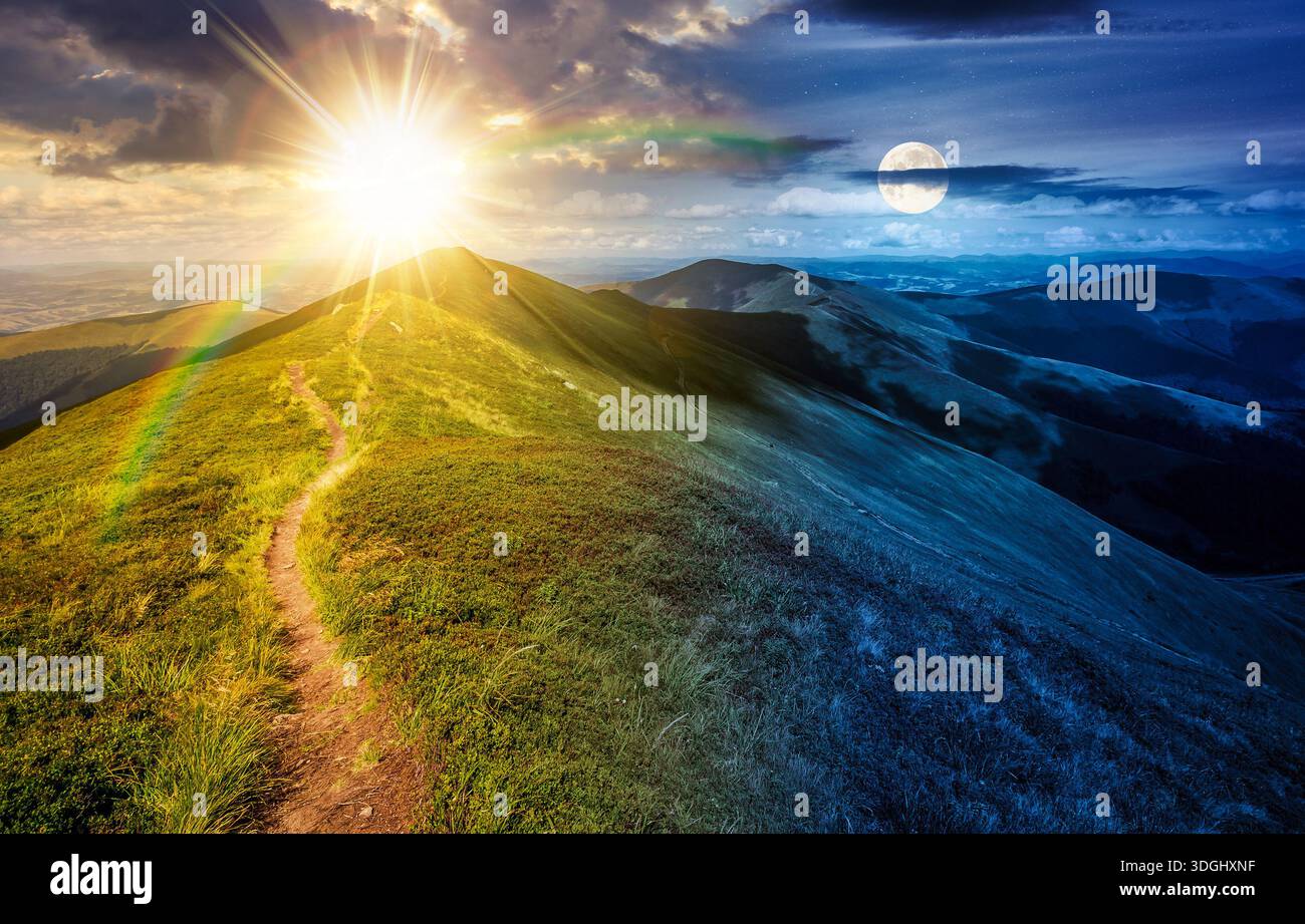 path through the grassy mountain ridge. time change concept. beautiful summer landscape with cloudy sky over green alpine meadow with sun and moon. un Stock Photo