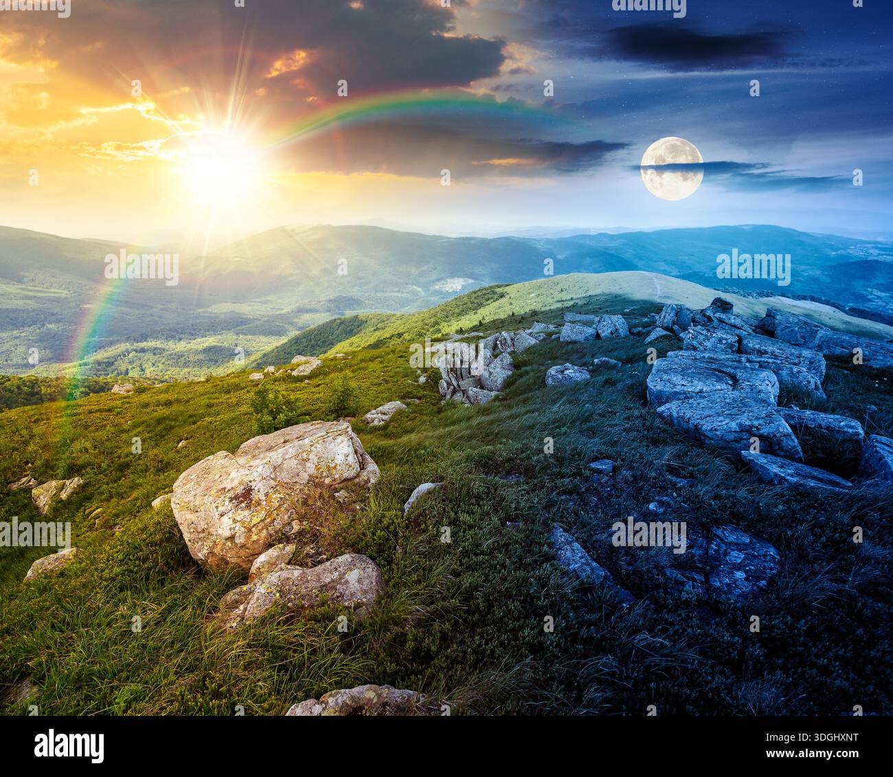 mountain landscape in summer with rocks. day and night time change concept. grass under sky with sun and moon at twilight. alpine meadow and rolling h Stock Photo