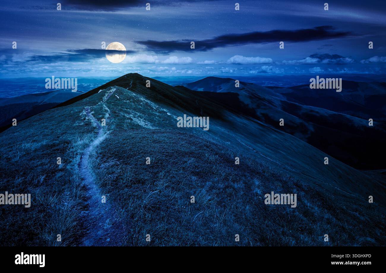 path through the grassy mountain ridge at night. beautiful summer landscape in fine weather with cloudy sky over green alpine meadow in full moon ligh Stock Photo