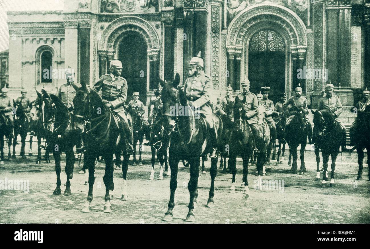 The 1916 caption reads: “The central figure is Prince Leopold of Bavaria, who led the victorious Teutons into Warsaw, August 6, 1915. The Prince with his staff are posed before Warsaw’s magnificent cathedral.” Prince Leopold of Bavaria, a German Field Marshal, captured Warsaw for the Central Powers on August 5, 1915, during World War I, leading the 9th Army in the Great War's Eastern Front offensive and later becoming Supreme Commander of German forces there. Stock Photo