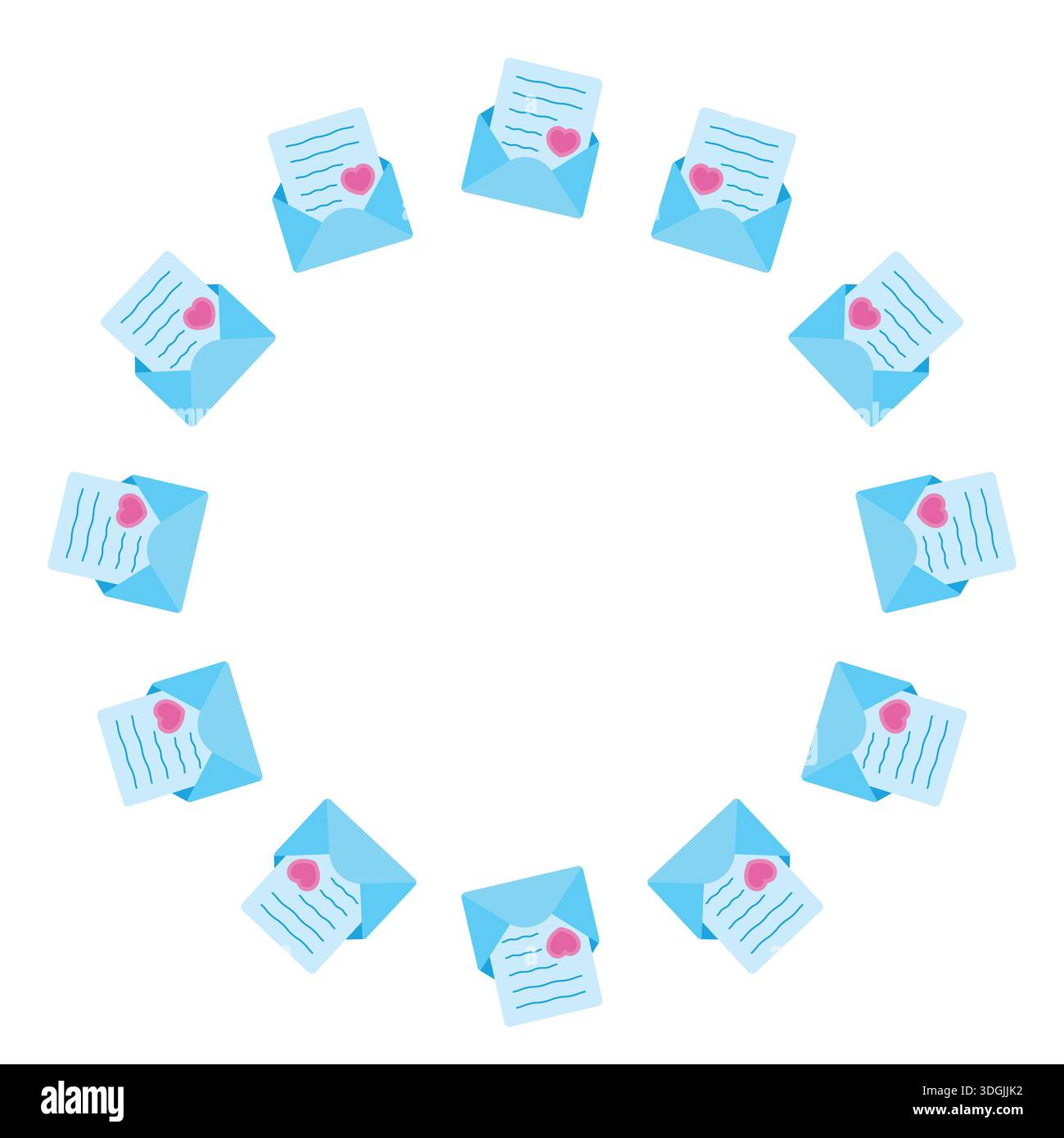 Round frame love letter in envelope. Isolated white background. Flat style vector illustration. Stock Vector