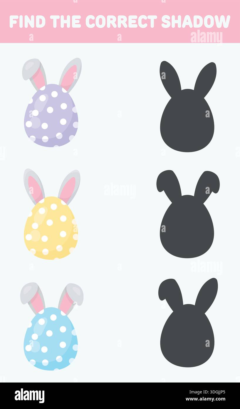 Find the correct shadow. Easter eggs with rabbit ears. Isolated white background. Flat style vector illustration. Stock Vector