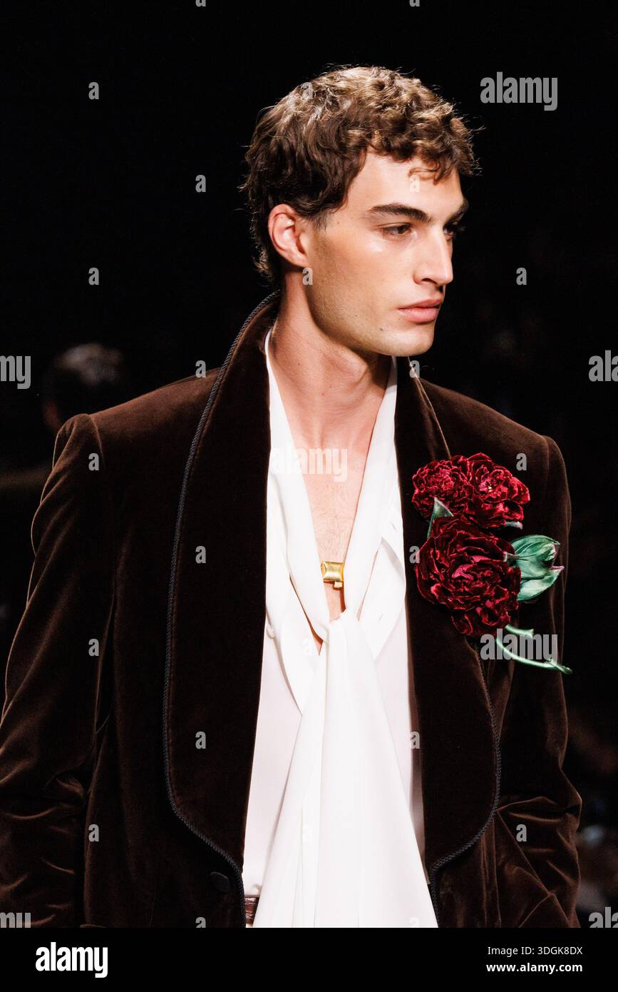 A model walks the runway during the Dolce & Gabbana Fall/Winter 2026 ...