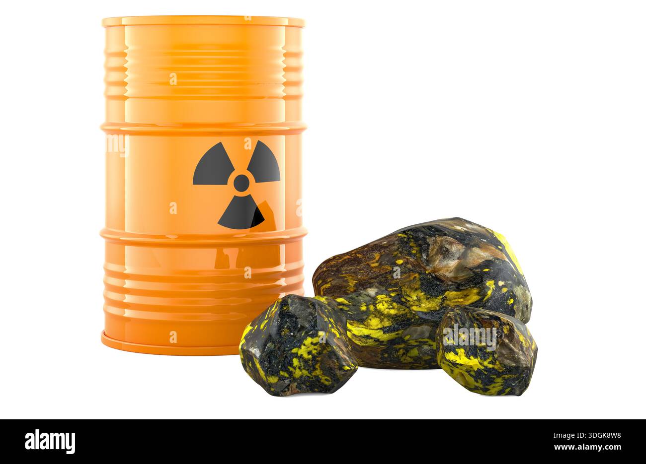 Uranium barrel with radiation symbol and uranium ore rocks. 3D ...