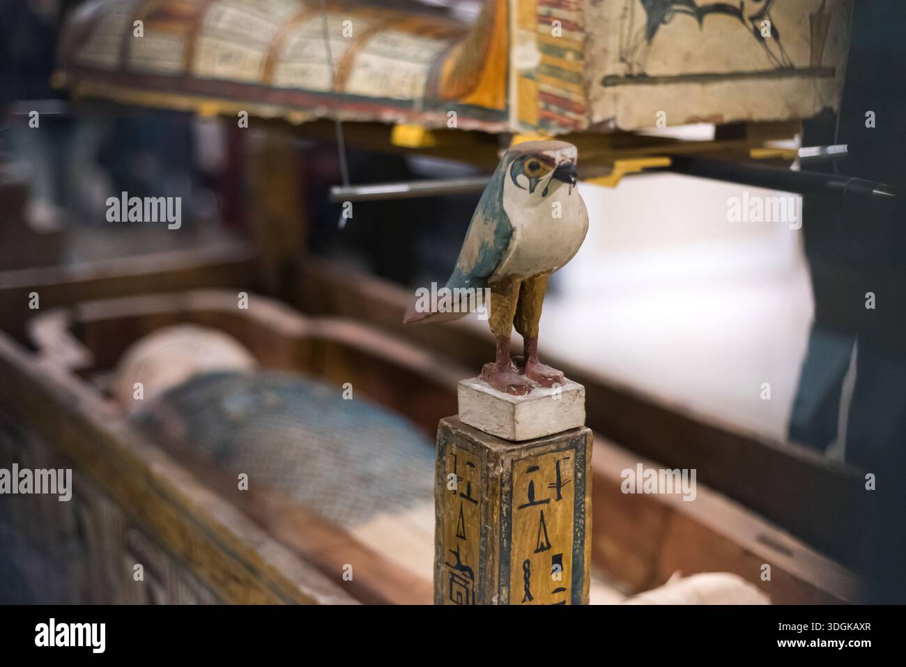 Ashmolean Mummies Horus falcon wooden carving protecting ancient egytian mummy on dusplay ...