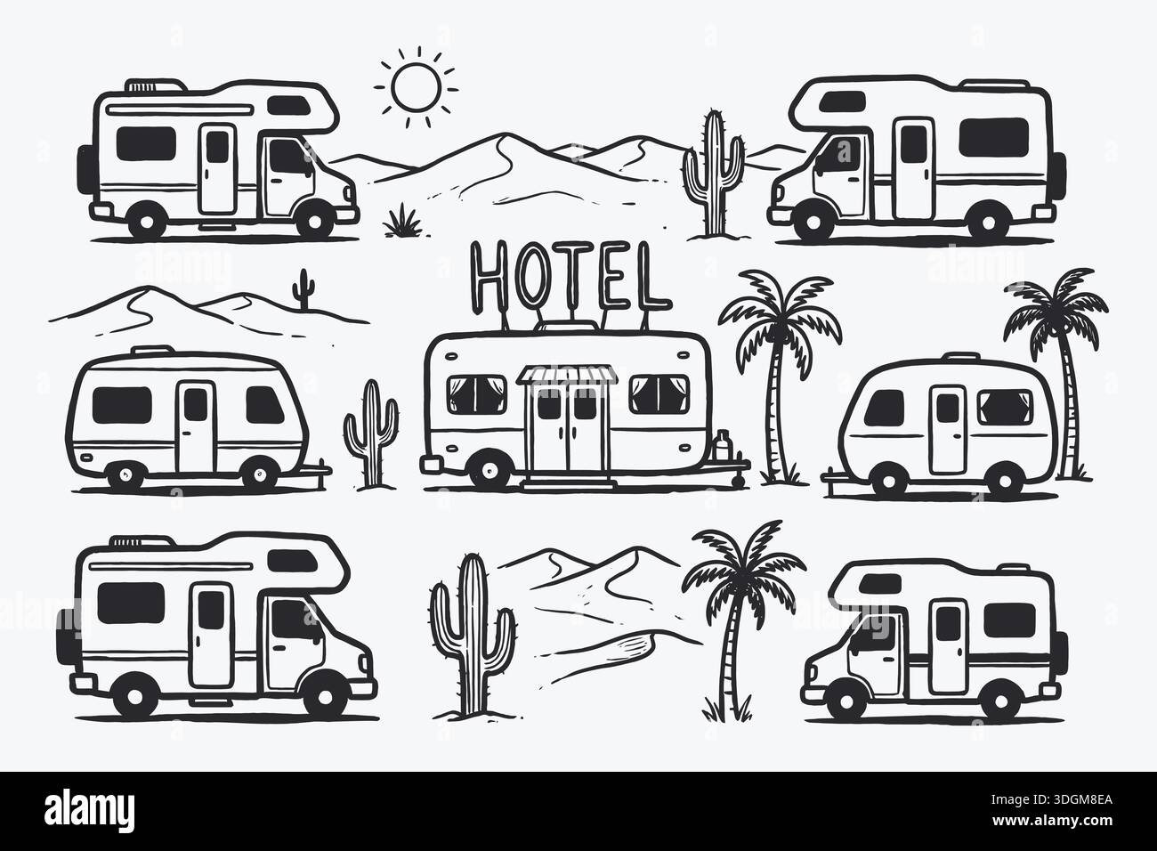 Hand-drawn collection of RV motorhomes, campers, and desert hotel ...