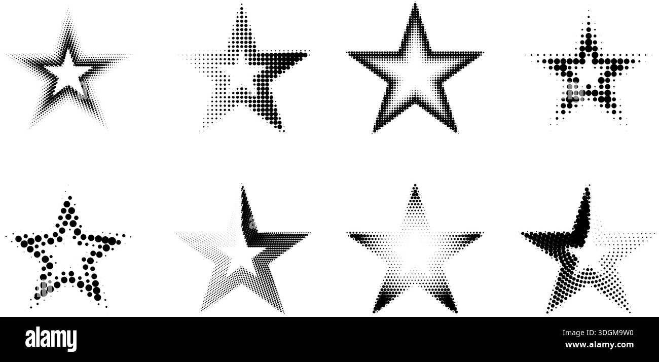 Eight unique black star shapes with halftone dot patterns and gradient effects on white Stock Vector