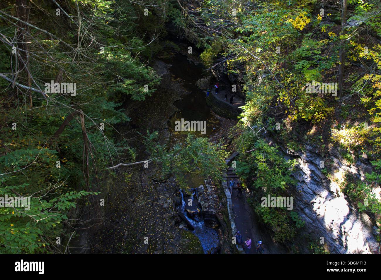Deep narrow gorge with rock walls water stream and walking path below ...