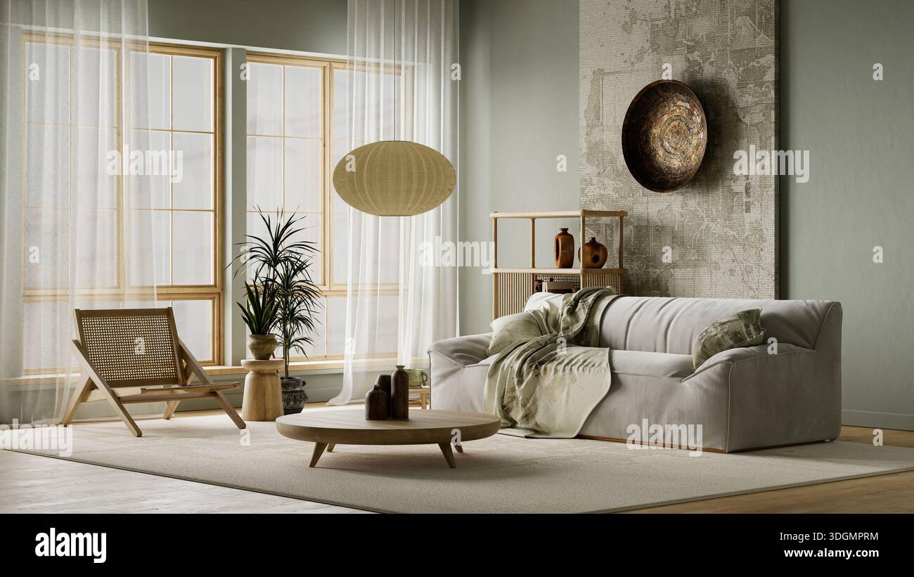Calm japandi living room interior with soft neutral palette, natural ...