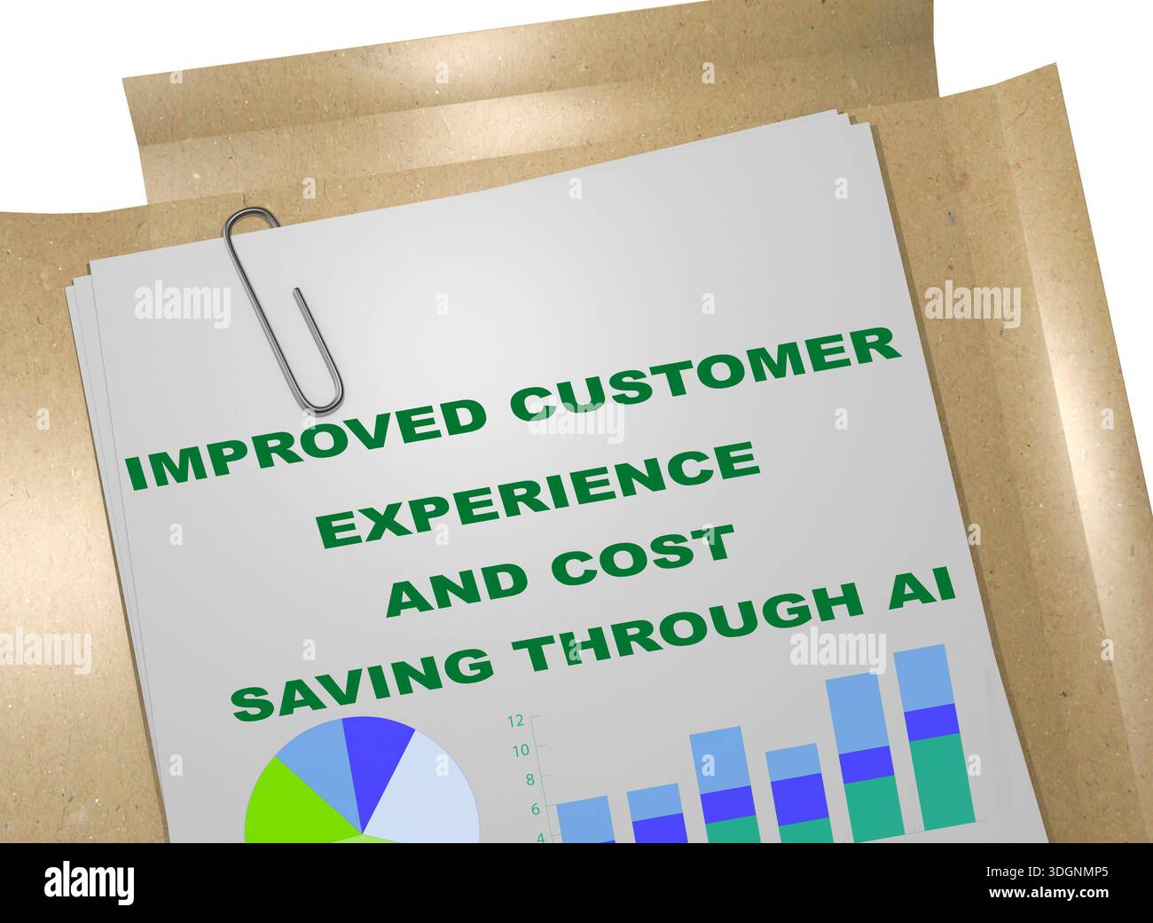 3D illustration of "Improved Customer Experience And Cost Savings Through AI" title on business document. Business concept. Stock Photo