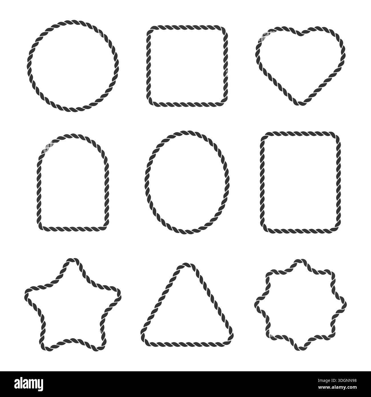 Rope shape frames set including circle, square, heart, star, triangle and abstract forms. Decorative hand drawn twisted line borders isolated on white Stock Vector